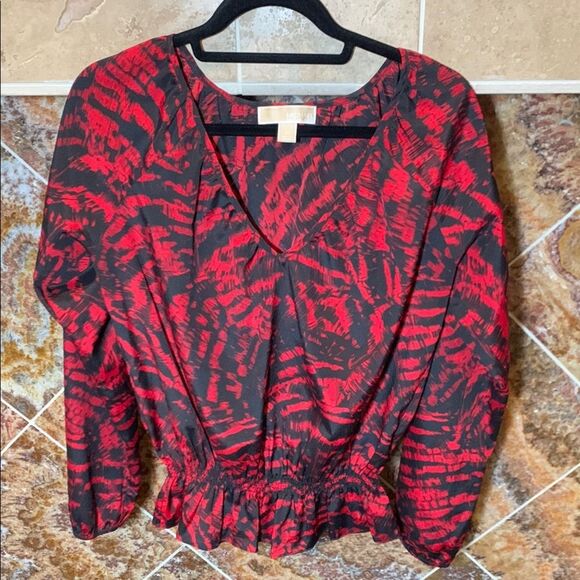 Women's Michael Kors Red & Black Abstract Print V-Neck Cinch Waist Blouse Medium - Picture 1 of 12